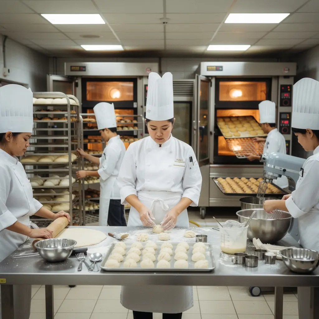 A cozy kitchen scene featuring a baker measuring flour and sugar with various baking tools around.