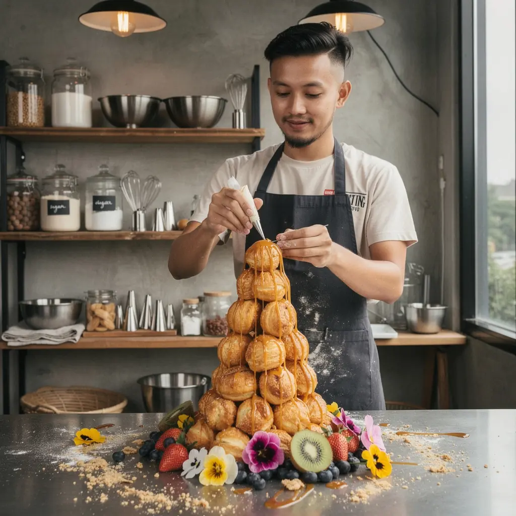 An elegant tiered wedding cake adorned with intricate sugar flowers and lace details.