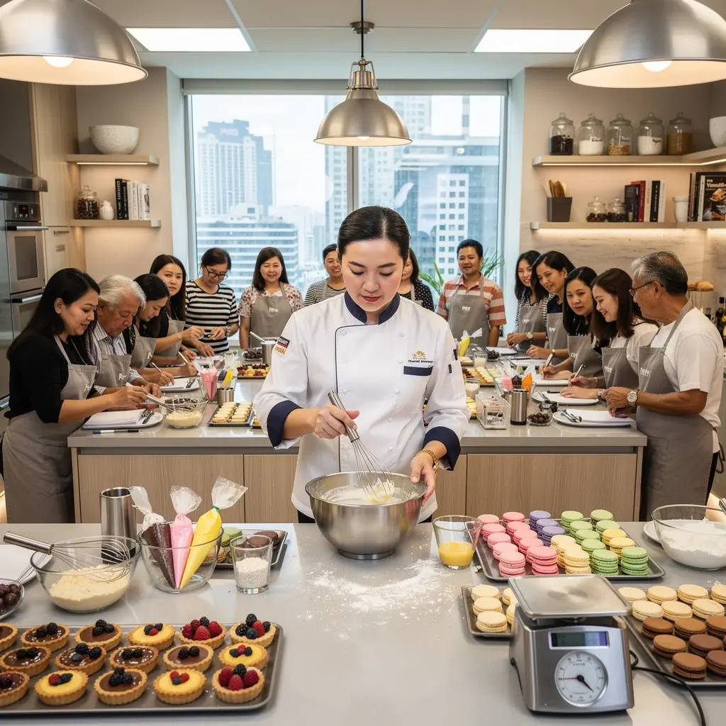 A beautifully decorated chocolate cake with colorful frosting and edible flowers on top.